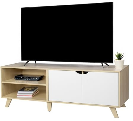 Relaxdays TV Lowboard with 6 Compartments, Cable Management, 50 x 140 x 40 cm, Natural/White