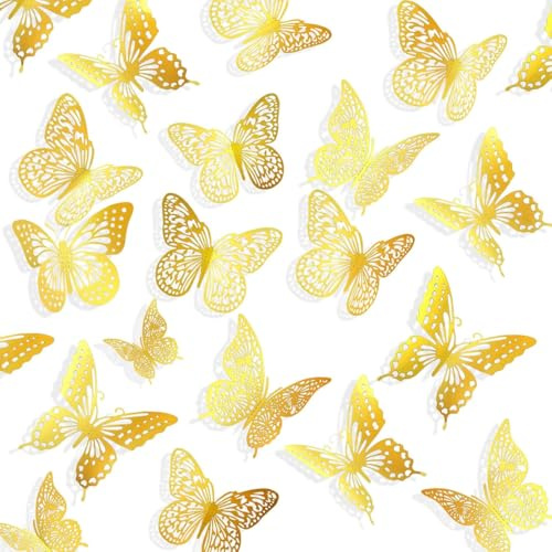 WUYJI Autocollants muraux, 60 autocollants papillons 3D dorés métallisés, 5 modèles, 3 tailles. Décorations papillons dorés pour la maison, idéales pour les anniversaires et les fêtes