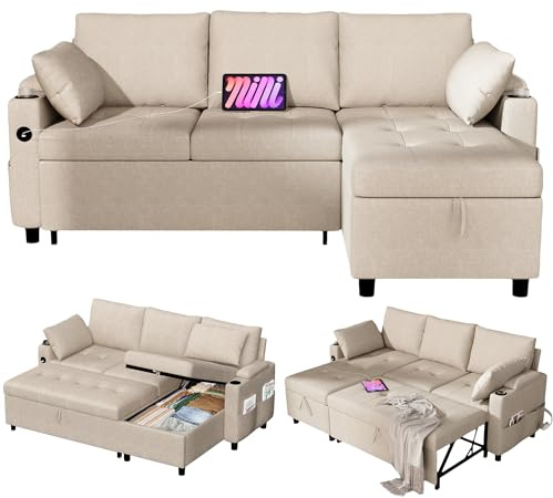 YODOLLA Schlafsofa 3-in-1, Umschaltbare Chaiselongue Sofa, Leder Schlafsofa mit Bettkasten, USB-Ports & Tassenhalter, Ausziehsofa für Wohnzimmer & Wohnung, Beige