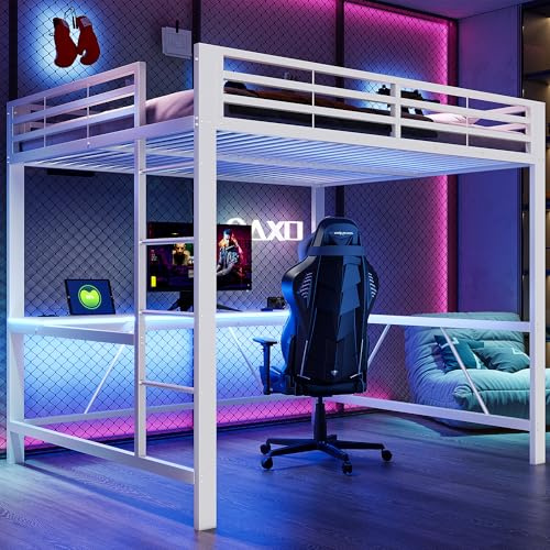 BTM Gaming Bett Jugendbett 160 x 200 cm Metall Hochbett mit Schreibtisch und USB, Kinder Erwachsene mit LED, Weiß