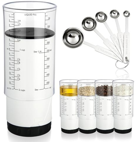 Bafutayawa Adjustable Measuring Cup, Messbecher Set Mit 2 Messbechern und 5 Löffeln, Für Flüssige, Trockene und Halbfeste Zutaten, Kompakt und Platzsparend