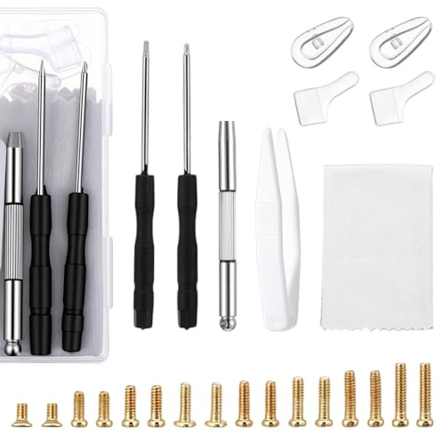 Eyeglass Repair Tool Kit with Screws, Eye Glass Repair Kit with Gold Eyeglass Screws, Nose Pads, Small Screwdriver, Tweezers, Glasses Fixing Kits for Glasses Sunglasses Watch Clock Repairs