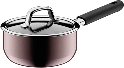 WMF Fusiontec Mineral Stielkasserolle mit Glasdeckel 16 cm, Kochtopf klein 1,3l, Induktion, High-Tech Keramik, Silikonhülle, kratzfest, rot