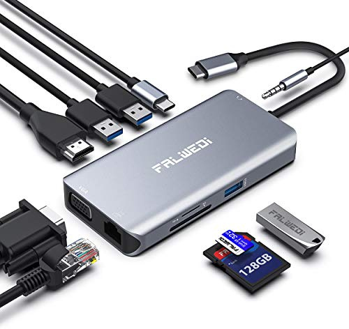 Falwedi USB C Hub, Type C Adapter, 10-in-1 Dongle with Ethernet, 4K@30Hz HDMI, VGA, 3 USB3.0, SD/TF Card Reader, Audio, USB-C PD 3.0, Compatible for MacBook Air Pro and Other Type C Laptops
