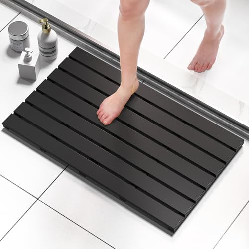 Domax Wooden Bamboo Bath Shower Mat - Non Slip Waterproof Large Bathroom Floor Mat for Indoor and Outdoor Black, 31.3 x 18.1 x 1.5 Inches