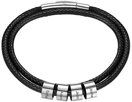 ChainsHouse Doppelt Lederarmband mit 4 Beads Namen Gravur Freundschafts Partnerarmband mit Geschenkebox