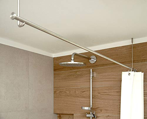 Duschvorhangstange freihängend 160 cm zur Deckenmontage, Durchmesser 12 mm, Deckenträger 40 cm einkürzbar, Edelstahl matt geschliffen, Duschstange ohne Wand-Bohrung - PHOS Design