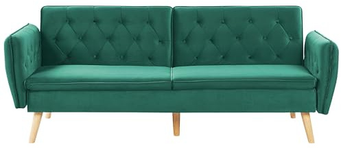 Beliani Sofá Cama Convertible tapizado en Terciopelo Verde Oscuro diseño Moderno con Respaldo Abotonado Bardu