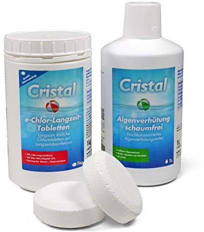 Cristal Chlor Langzeit-Tabletten 200g + Algizid 1L - Komplettset für kristallklares Poolwasser - Langsame Auflösung & Algenbekämpfung für Pools ab 20m³