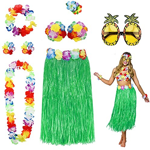 PHOGARY 8PCS Jupe de Hula Kit d'accessoires de Costume pour Hawaii Luau Party - Danse Hula avec Fleur Bikini, Hawaïen lei, Pince à Cheveux en Hibiscus, Lunettes de Soleil (Vert)