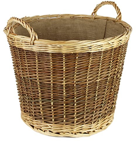 Round natural wicker log baskets. Hessian liner. Wood & kindling storage for hearths and fireplaces. Wood burner bin (48 cm)