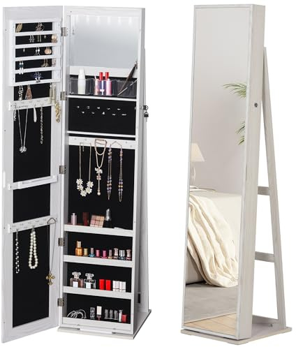 HOMCOM Espejo Joyero de Pie Armario Joyero con Luces LED y Cerradura Armario de Joyas con Espejo Integrada para Dormitorio Blanco con Veta de Madera y Forro Negro