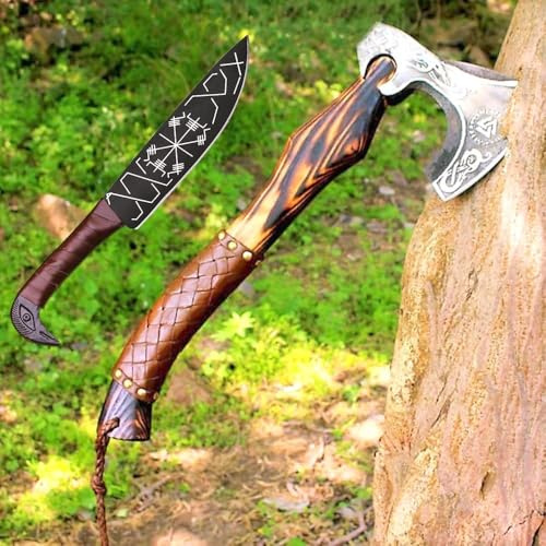 AFHZAM Viking Axe Gift Vikings Knife with Sheath | Hand Forged Real Handmade Outdoor Hunting Camping Axes and Hatchets | Viking Gifts for Men (Ax-05)
