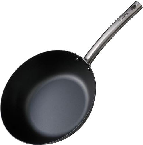 SKOTTSBERG Wok de acero al carbono, diámetro de 28 cm, precocido y sin PFAS, base de 2,5 mm, resistente al calor y a los arañazos, para inducción, gas, vitrocerámica, parrilla y horno