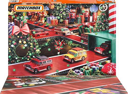 Matchbox-Autos, Adventskalender, 24 Überraschungen hinter den einzelnen Türchen, 10 Die-Cast-Spielzeugautos im Maßstab 1:64 und 14 winterliche Zubehörteile, HLH04