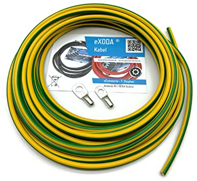 Exoda 10m Erdungskabel 16 mm² Grün-Gelb M8 M10 für Erdungsanwendungen | Erdungsanwendungen, 10 m Länge, M8 M10 Ösen, H07V-K Standard, flexibel, PVC-Ummantelung, für innen und außen
