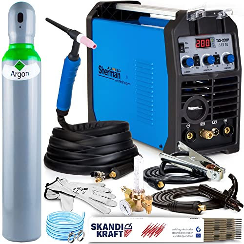 TIG 202 DC Puls - 200A HF-Zündung DC WIG Schweißgerät mit Puls - Stahl und Edelstahl Schweißgerät ausgestattet mit Preflow, Postflow, 2T/4T und MMA-Schweißmodus - Set: Professional