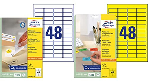 AVERY Zweckform L4736REV-100 Universal Etiketten, 100 Blatt, weiß & L6041-20 Gelbe Etiketten (960 Aufkleber, 45,7x21,2mm auf A4) 20 Blatt