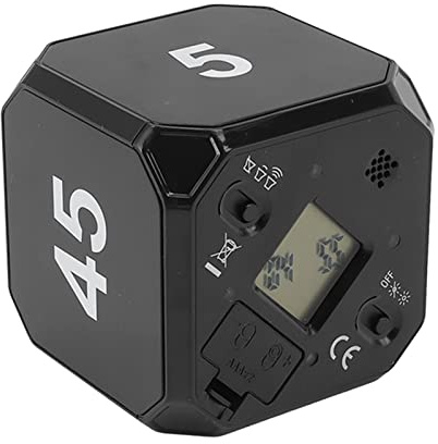 Fabater Würfel-Timer, Schwerkraftsensor-Flip-Timer, Küchentimer, Digitaluhr-Timer mit Hintergrundbeleuchtung, Stummschaltung und Einstellbarer Tonuhr, 5, 15, 25, 45 Min Voreinstellungen (Schwarz)