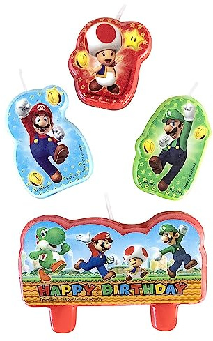 Amscan 171554-55 - Mini-Figurenkerzen Super Mario, Happy Birthday, 4 Stück, Geburtstagskerzen