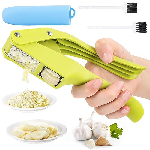 Prensa ajos 2 in 1 Picador de ajo y cortadora de ajos, Garlic Press con Silicona pelador de ajos y cepillos fácil de Limpiar