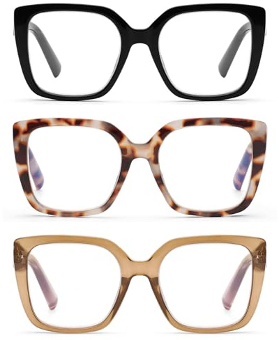 DOOViC 3 Pack Oversized Reading Glasses for Women Blue Light Blocking Square Stylish Computer Readers +1.50