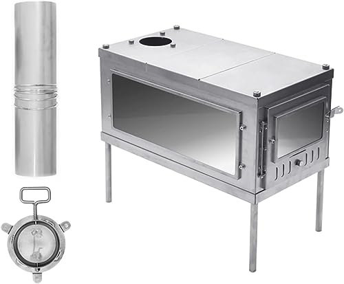HACSYP Lightweight camping stove, Folding Wood Burning Stove, Portable Wood Stove with Storage Bag, for Camping Hiking (Color : Double Glass, Size : 2M chimney pipe)