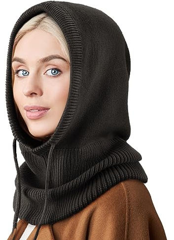 Hooded Scarf Hat Knit Balaclava Women Beanie Skull Cap with Drawstring Warm Winter Hats for Women Men Outdoor Sports