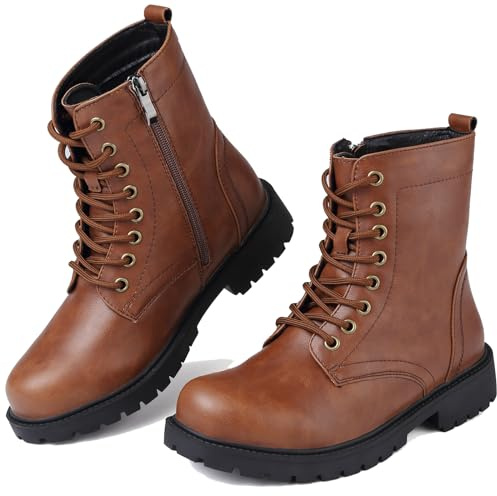 Boots for Women Waterproof Ladies Black Walking Ankle Boots Work Lace Up Side Zipper Womens Black Platform Leather Walking Booties