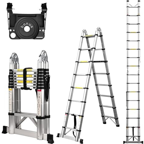 Telescoping Ladder A Frame, 16.5 Ft Compact Aluminum Extension Ladder, Portable Telescopic RV Ladder for Outdoor Camper Trips Motorhome with Tool Platform and Stabilizer Bar, 330 lb Capacity.
