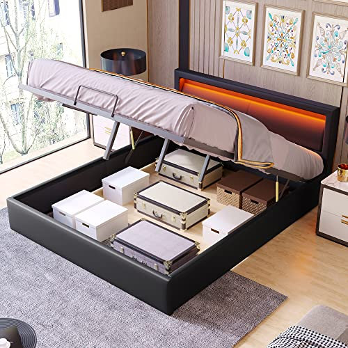 LATICO Polsterbett Doppelbett 140x200 mit Stauraum Unterbett, Bett mit LED-Kopfteil, Stauraumbett Bettgestell mit Holz Lattenrost, Jugendbett Rückenlehne Bett, Ohne Matratze, Kunstleder (Schwarz)