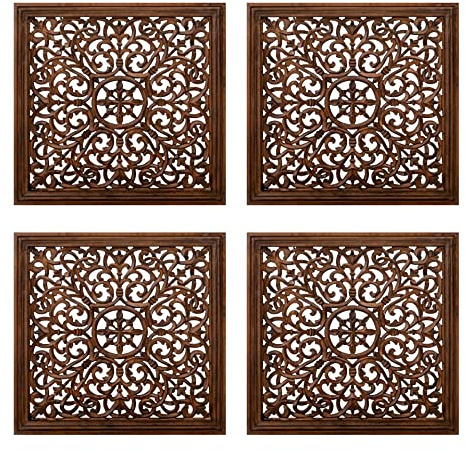 The Wooden Town Kashmiri Wall Décor – Set of 4 (16x16 Inch) | Handcrafted Wooden Wall Panels & Hanging Plaques for Living Room, Home & Office | Burnt Finish Decorative Art for Walls