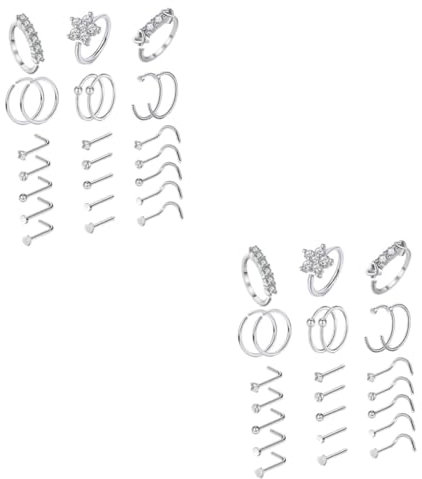 GALPADA 48 Pièces anneau de nez goujon de nez clous de nez pour femmes anneaux de nez en tire-bouchon nose piercing bijoux de perçage du nez clous de nez en zircon acier inoxydable Silver