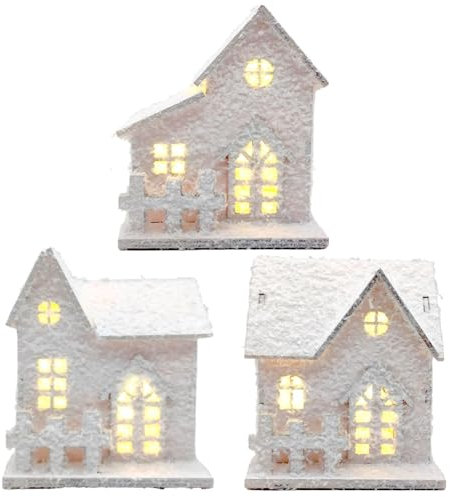 Casas de Pueblo de Navidad 3pcs/Set con acompañamientos de Aldea de Navidad de Madera de luz LED Delicada decoración navideña de Nieve Blanca