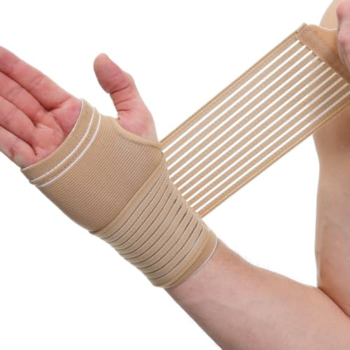 NEOtech Care Banda de sujeción para la palma de la mano y el pulgar - Elástica y transpirable - Tira de compresión ajustable (Beige, Talla M, 1 Unidad)