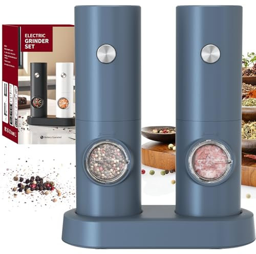 CIRCLE JOY Set Macina Sale e Pepe Elettrico a Batteria Macinaspezie con Base, Luce LED Bianca e Rugosità Regolabile, Blu