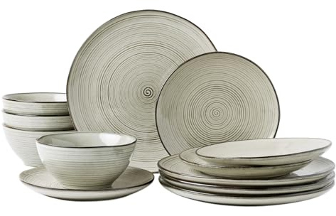 Richmount Tempus 12-Piece Dinner Set, Irregularly Shaped Swirl Stoneware Plates and Bowls Set, Dinner Sets for 4, Dinner Plates/Dessert Plate/Soup Bowl, Glazed Ceramic Dinnerware Sets, Minty