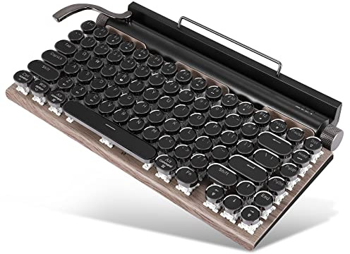 Jrifedptry Teclado de Máquina de Escribir Retro Teclado Inalámbrico Bluetooth USB Mecánico Teclas Punk para PC de Escritorio/Portátil/Teléfono-Color Madera