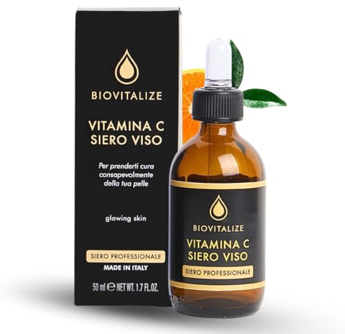 BIOVITALIZE Siero Viso Vitamina C 98% di origine Naturale – Illuminante, Pro Age e Antimacchie – Serum Vitamina C Stabilizzata, pelle luminosa in poche applicazioni, 50 ml in vetro ambrato