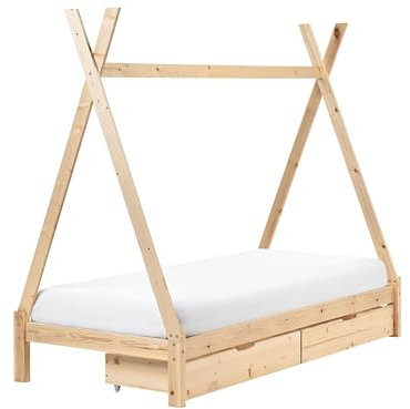 Beliani Cama Infantil en Forma de Tipi con Dosel con cajones de Madera de Pino marrón Claro 90 x 200 cm DEVAY