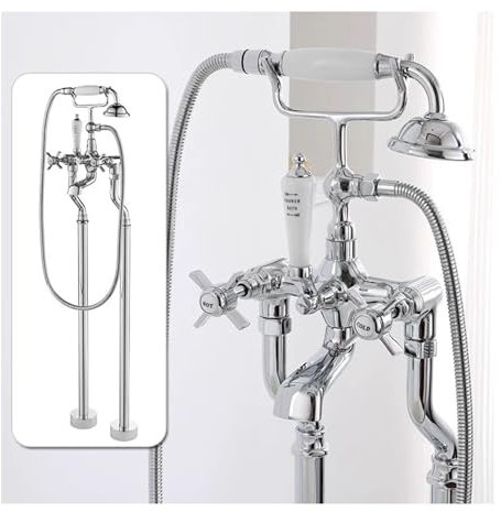 Ksunun Retro Freistehende Badewannenarmatur, Antiker Freistehende Badewanne Wasserhahn Antik Messing Mit Handbrause Und Wanneneinlauf, 2 Wasseraustragsmodi, Mischbatterie Badewanne Armatur
