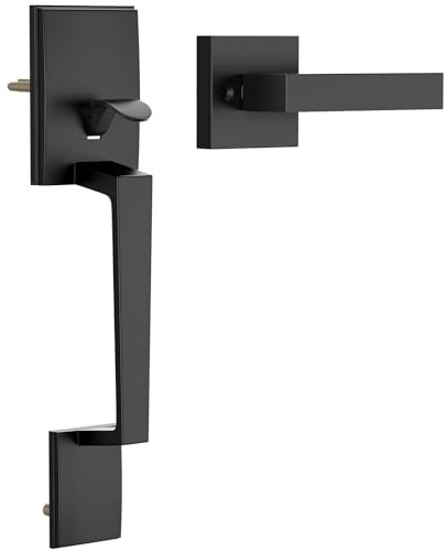 RAFECIEE Black Front Door Handle No Lock, Modern Exterior Door Handle with Passage Lever, Reversible for Left & Right Hand Door, Front Door Handleset