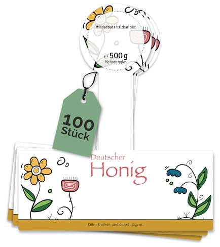 Apoidea – Honig Etiketten 500 g mit Gewährverschluss nassklebend – 100 Stück zum Stempeln/Etiketten Honiggläser/Honig Aufkleber für selbstgemachten Honig/Honigetiketten für Honiggläser