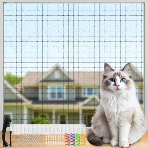 VHUTOU 3x4m Rete Balcone per Gatti, Rete per Gatti Rinforzata con Filo Metallico, Rete per Gatti per Balconi, Finestre, con 4 Colorati Giocattoli Primaverili per Gatti