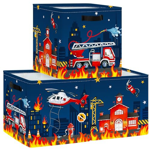 Clastyle Lot de 3 Boite Rangement Tissu Voitures Cube de Rangement Pliable Adolescent Panier Kallax pour Salle de Bain,Camion Pompiers,30x30x30 cm