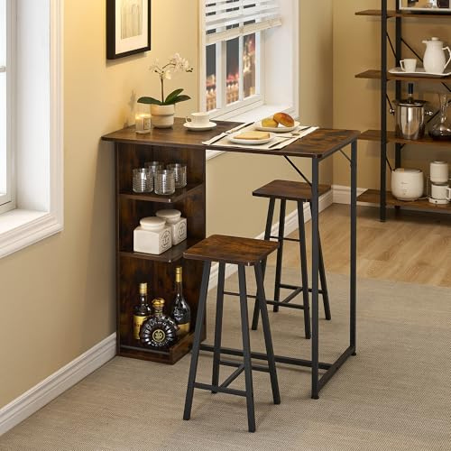 Virimolo Bartisch Set mit 2 Barhockern, Vintage Industrie-Stil Tresentisch mit offener Ablage & Metallrahmen, Küchentisch in Vintagebraun für Wohnzimmer, Esszimmer & Bar, Maße 91,5x50x91,5 cm