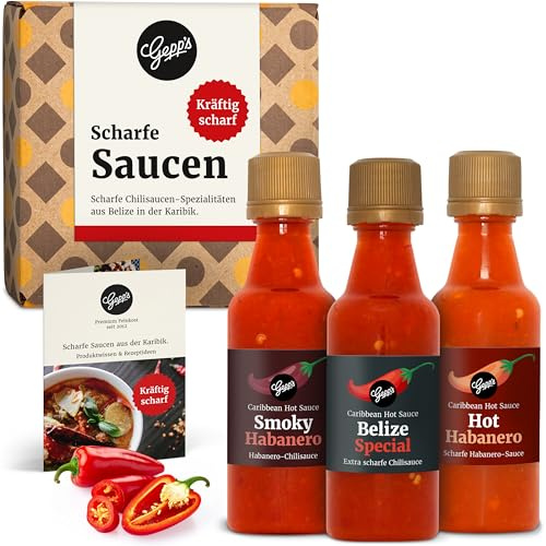 Gepp‘s Feinkost scharfe Soßen Set I Hot Sauce Set I 3 x 50 ml | Mit 2 feurigen Habanero Chili Saucen I Einer Hot Belize Sauce I Chili Geschenkset I Hergestellt nach eigener Rezeptur