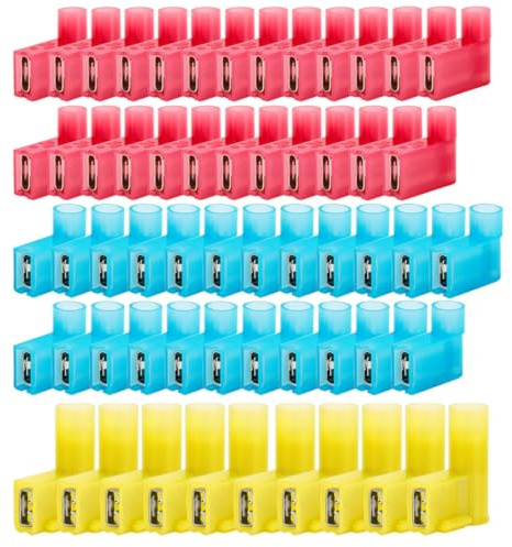 Gebildet 60 Stück 90-Grad-Nylon-Isolierte Flaggenklemmenbuchsen, F-Typ-Drahtcrimp-Elektrostecker, Vollisolierte Weibliche Aufsteck-Drahtklemme 12-10 AWG/22-14 AWG (Rot 25, Blau 25, Gelb 10)