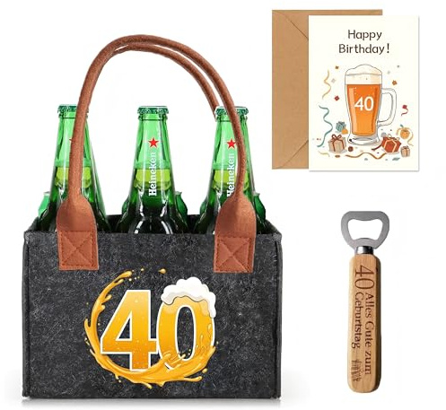 LOOBEAR Geschenk zum 40 Geburtstag Mann,40 Geburtstag Männer Flaschentasche,Flaschenöffner und Grußkarten für Männer,Filz Männerhandtasche,Männerhandtasche Bier Flaschenträger für 6 Bierflaschen