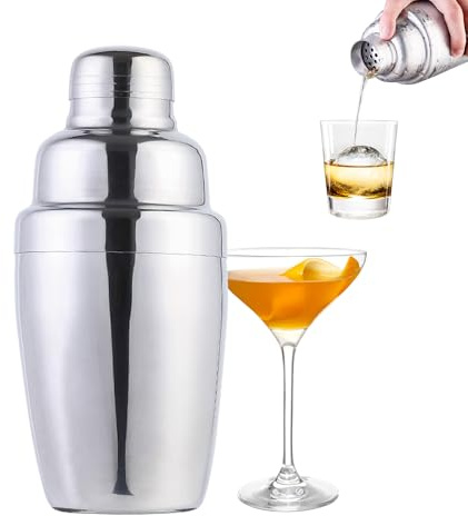 Coctelera plateada de 350 ml a 1000 ml con colador de camarero, coctelera mixta de acero inoxidable para bar y hogar (350 ml)